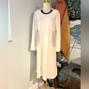 Anthro’s Neslay,Avant-Guard, Natural White/Navy Pinstriped Dress Pockets & Panel